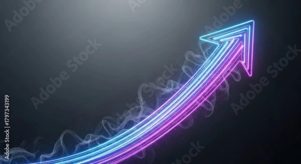 Obraz Bright neon arrow ascending with glowing trails on dark textured background
