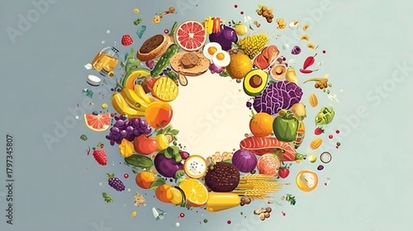 Obraz Healthy Food Circle with Fruits and Vegetables.