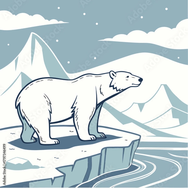 Obraz Polar Bear Contemplation: A solitary polar bear stands majestically on the edge of an ice floe, gazing out at a serene arctic landscape under a tranquil sky.