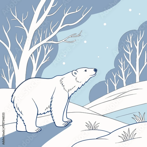 Obraz Solitary Polar Bear in Winter: A serene illustration of a majestic polar bear in a tranquil winter landscape. The bear stands alone, gazing upwards.