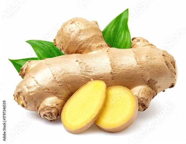 Fototapeta Fresh Ginger Root with Sliced Pieces and Leaves