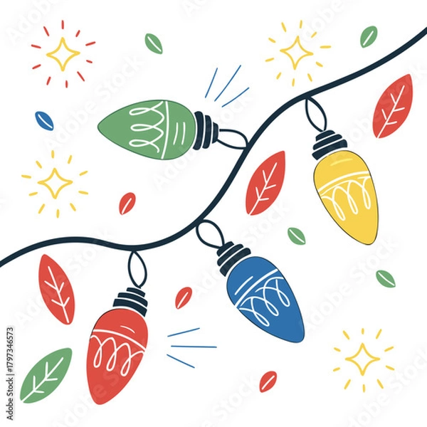 Obraz Festive String Lights: A vibrant illustration showcasing a string of colorful lights, each adorned with unique patterns, radiating a warm, inviting glow.