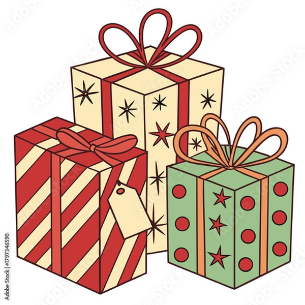 Obraz Gift Boxes Display: Three vibrantly decorated gift boxes, each wrapped in festive paper and adorned with bows, ribbons, and tags, create a cheerful display. 