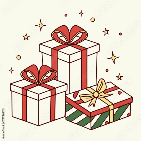 Obraz Festive Gift Ensemble: A delightful array of intricately wrapped gift boxes, adorned with vibrant ribbons and bows. Sparkling stars twinkle around the presents.
