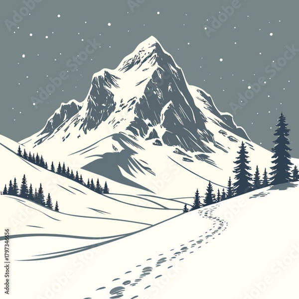 Obraz Mountain Peaks: A serene illustration of a snow-covered mountain range, with the majestic peaks dominating the landscape and inviting contemplation.