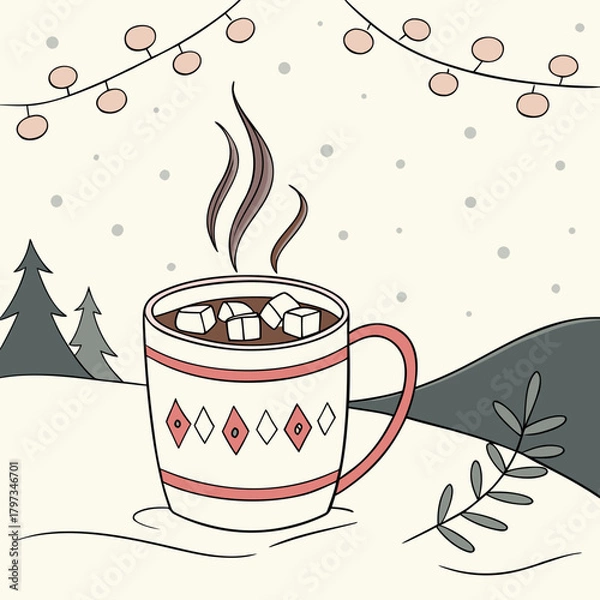 Obraz Cozy Winter Warmth: A charming illustration depicts a steaming mug of hot chocolate, adorned with marshmallows and nestled within a serene winter landscape.