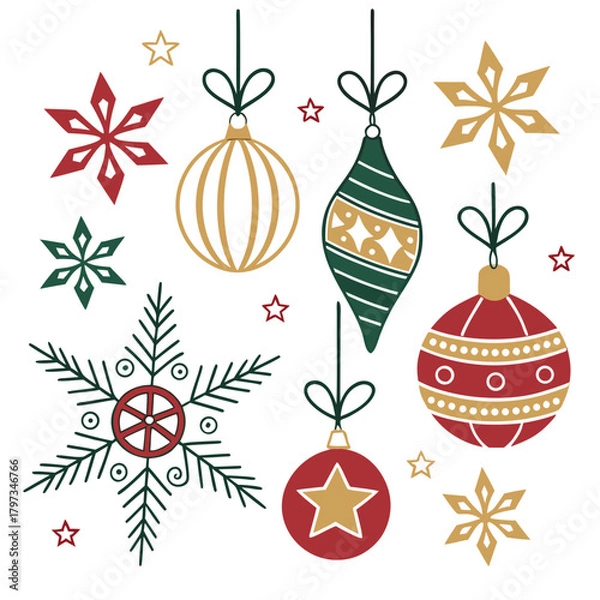 Obraz Holiday Ornaments and Festive Decorations: A collection of vibrant holiday ornaments and decorative snowflake elements. Perfect for the holiday season or festive-themed graphic design projects.