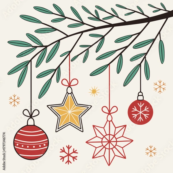 Obraz Festive Ornament Display: A collection of meticulously crafted ornaments, each a testament to seasonal joy, is suspended gracefully from a delicate branch.