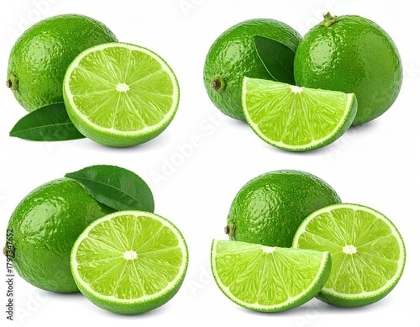 Fototapeta Fresh Green Limes with Leaves on White Background
