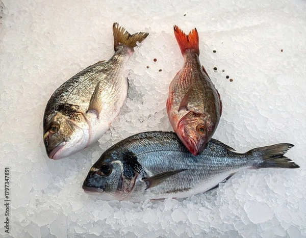 Fototapeta Fresh Fish on Ice Display Featuring Red Gilt-Head Breams at Market High Angle View