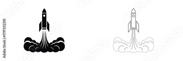 Fototapeta Launching rocket symbols with smoke effect, solid and outline.