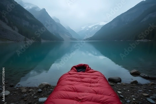 Obraz A sleeping bag laid out beside a calm mountain lake.