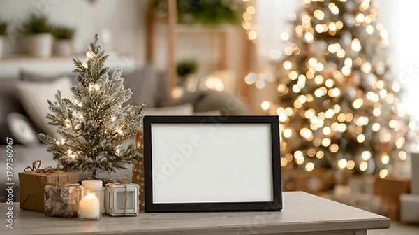 Obraz Festive Christmas Scene with Blank Frame and Decorations.