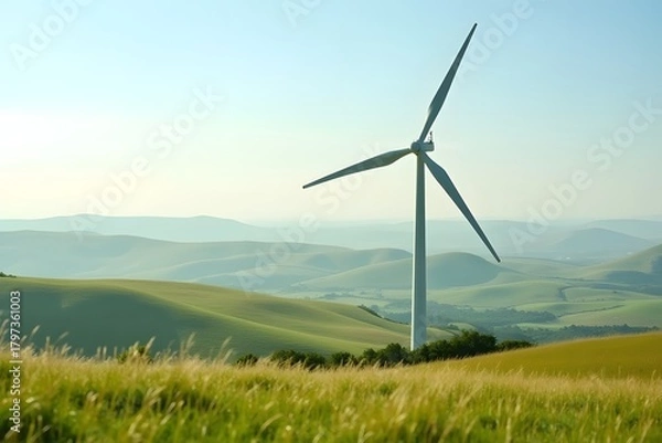 Obraz A rural wind turbine spinning above wide rolling meadows.