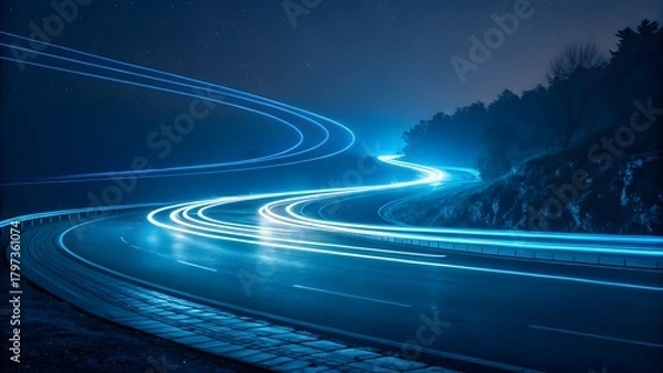 Obraz A winding road illuminated by streaks of vibrant blue light at night