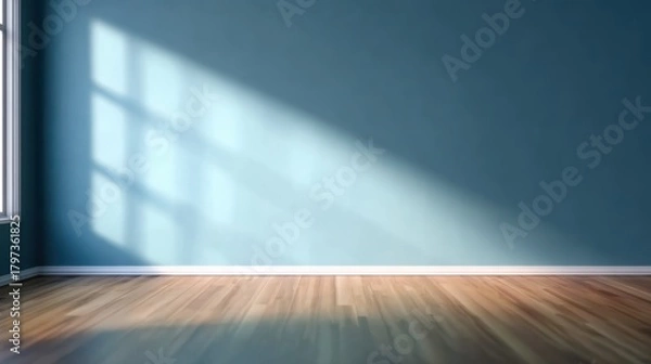 Obraz Empty room background with turquoise wall and wood floor, perfect for mockups, websites, and design projects.