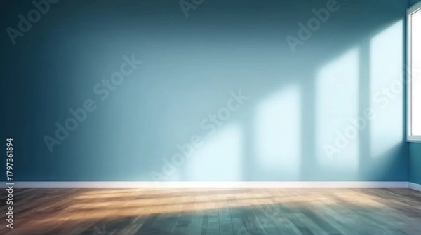 Obraz Empty room background with turquoise wall and wood floor, perfect for mockups, websites, and design projects.