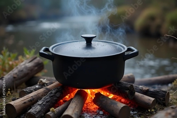 Obraz A cooking pot bubbling over firewood flames beside a stream.