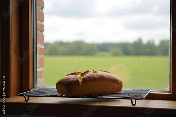 Obraz A single loaf of bread cooling on a window shelf, wide rural view.