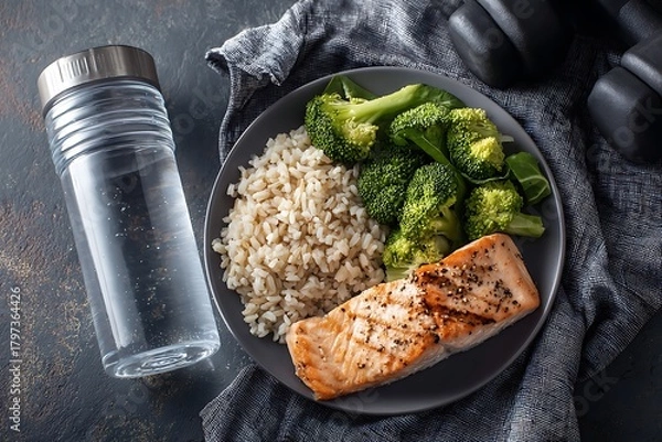 Obraz Healthy Meal with Salmon, Broccoli, and Brown Rice, Accompanied by a Water Bottle and Dumbbells.