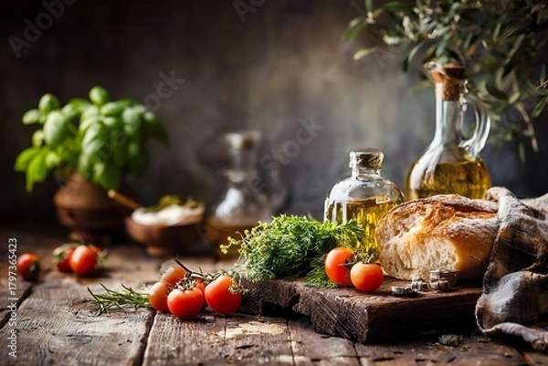 Obraz Rustic Italian Still Life with Fresh Ingredients and Olive Oil.