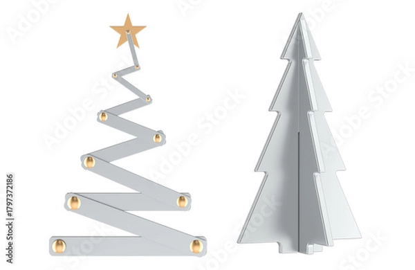 Fototapeta Minimalist metallic Christmas Trees with star and ornaments. 3D rendering