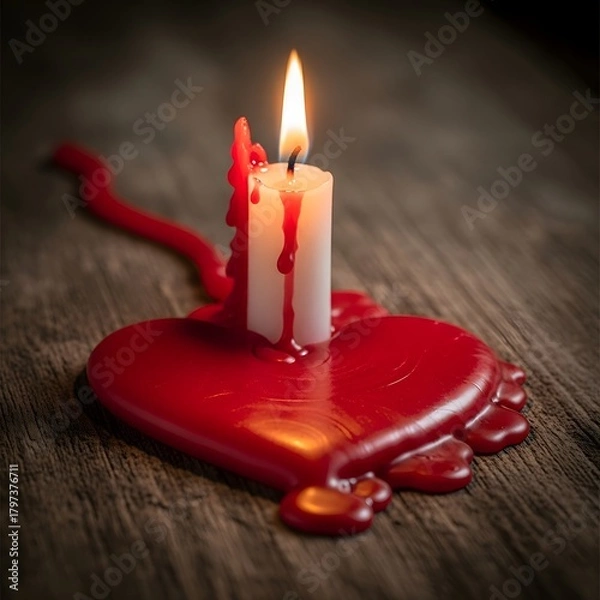 Fototapeta A lit candle with wax dripping onto a red heart-shaped base on a rustic wooden surface, creating a warm and romantic ambiance suitable for love or celebration themes