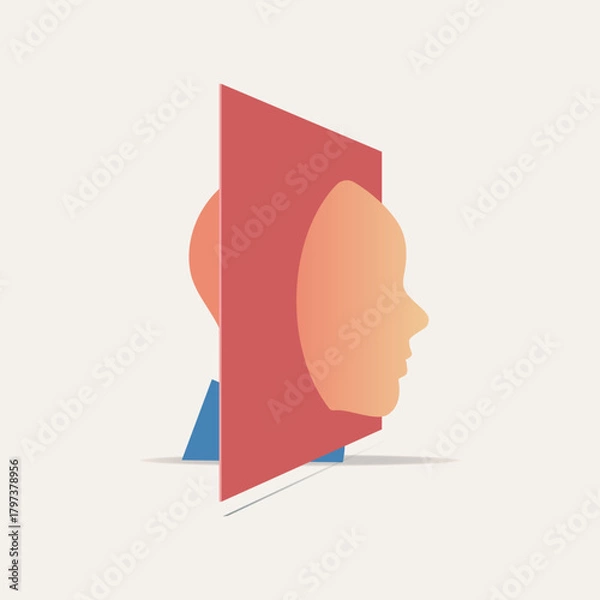 Fototapeta Abstract vector illustration of a human head partially emerging through a red geometric panel, creating a surreal and conceptual visual