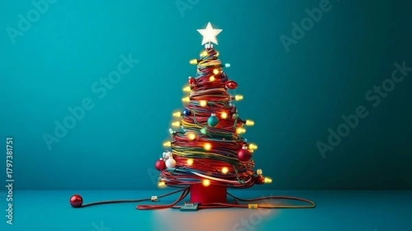 Obraz Unique festive Christmas tree crafted from colorful wires, illuminated with warm lights and delicate ornaments, symbolizing modern holiday innovation and creativity.