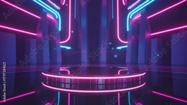 Fototapeta Futuristic Neon Background. Glowing Neon Light Stage with Podium in Purple and Blue Cyberpunk Style.