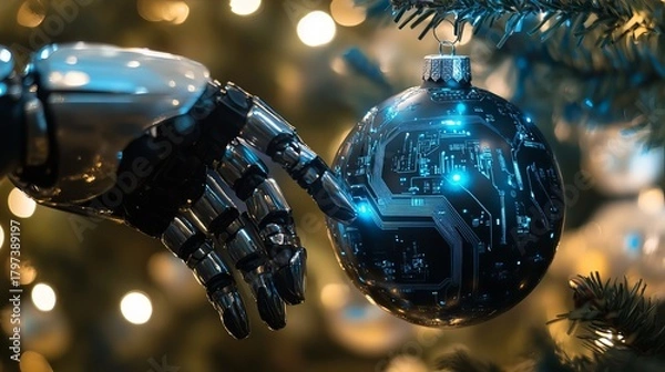 Obraz Futuristic robotic hand delicately touches a glowing circuit board Christmas ornament, blending technology and holiday spirit with warm bokeh lights.