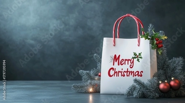 Obraz white shopping bag with "merry christmas" written on it, decorated with holly and mistletoe, against an isolated dark gray background, festive atmosphere for holiday sales or advertising