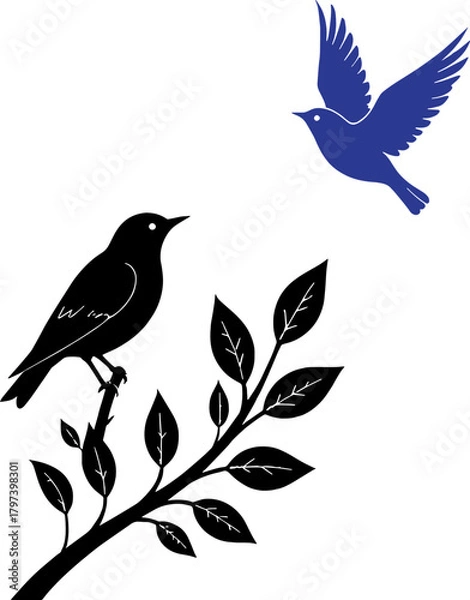 Obraz Silhouette of bird on branch with flying bird above it