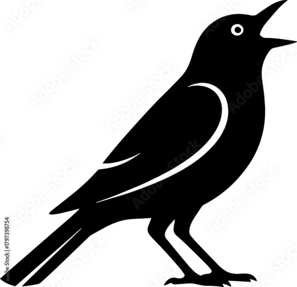 Fototapeta Silhouette of a singing bird with open beak and simple stylized lines