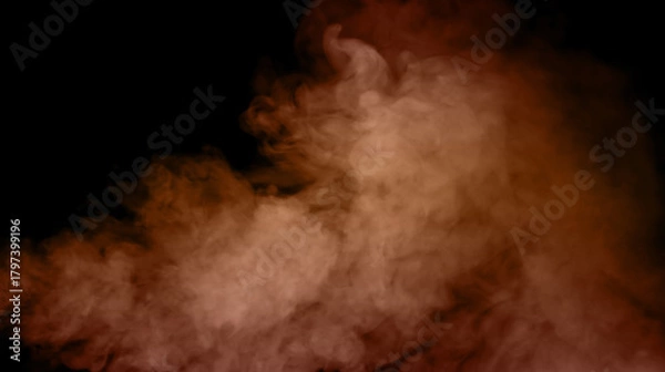 Fototapeta Orange dust cloud isolated on black background, realistic powder explosion texture for design overlay, sand or smoke particle effect, abstract motion with warm cinematic atmosphere.