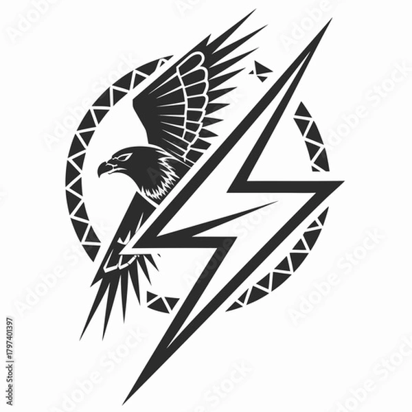 Fototapeta Illustration of an eagle with lightning bolt and tribal circle, the eagle is a symbol of freedom, strength, and power, while the lightning bolt represents energy