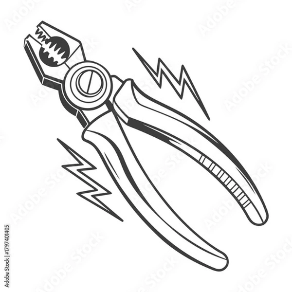 Fototapeta Illustration of a pair of linemans pliers with electrical sparks, the pliers are a tool used by electricians to cut, strip, and bend wires