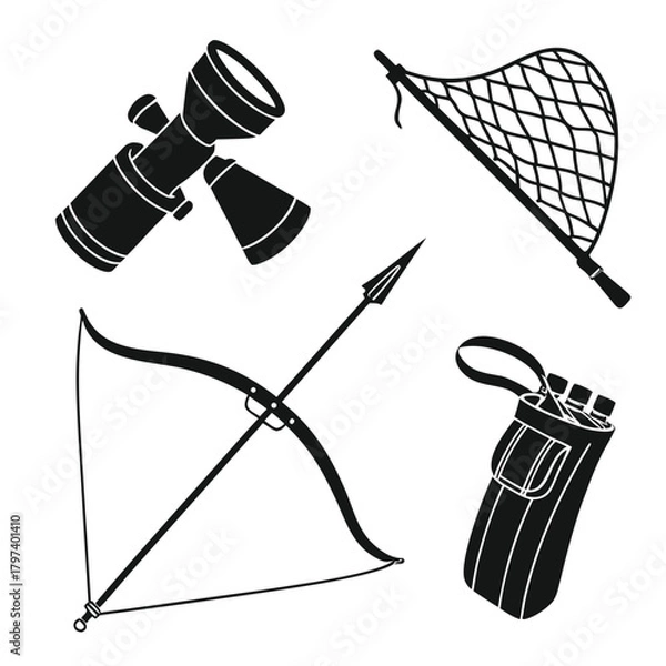 Fototapeta Illustration of hunting equipment including a scope, net, bow and arrow, and quiver, represents outdoor activities and hunting