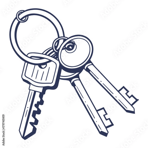 Fototapeta Illustration of a set of keys on a keyring, drawn in a simple, outlined style, the keys are depicted with clean lines