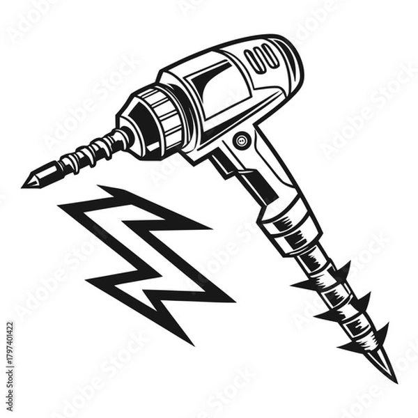 Fototapeta Illustration of a drill with a screw, surrounded by a lightning bolt, represents the power and precision of the tool