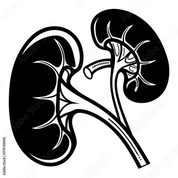 Fototapeta Stylized black and white illustration of a pair of kidneys, showcasing their anatomical structure with a graphic design