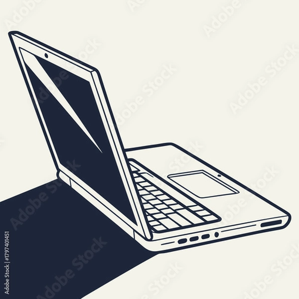 Fototapeta Illustration of a laptop computer with a shadow, the laptop is open and the screen is angled towards the viewer the keyboard is visible