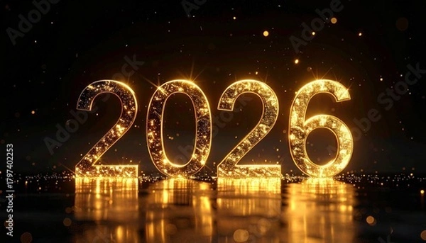Fototapeta Golden Horizon: Illuminated 2026 Numerals Sparkle Against a Dark Backdrop, Celebrating New Beginnings, Future Milestones, and the Radiance of Progress in a Cinematic Scene of Anticipation and Joy
