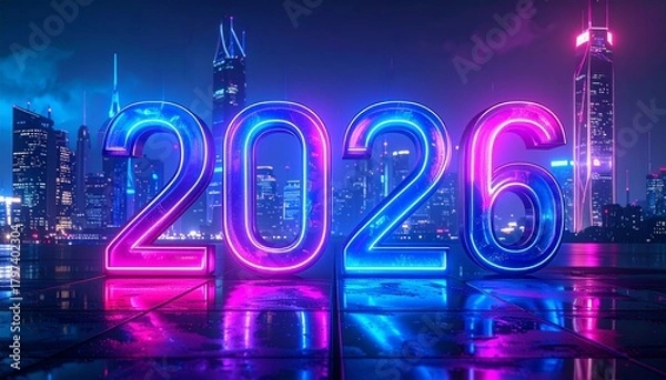 Fototapeta Neon Future: Glowing 2026 Numerals Reflect Urban Energy and Celebration, Illuminating a City Skyline with Vibrant Blue-Pink Tones in a Cinematic Scene of Anticipation, Progress, and Nighttime Brillian