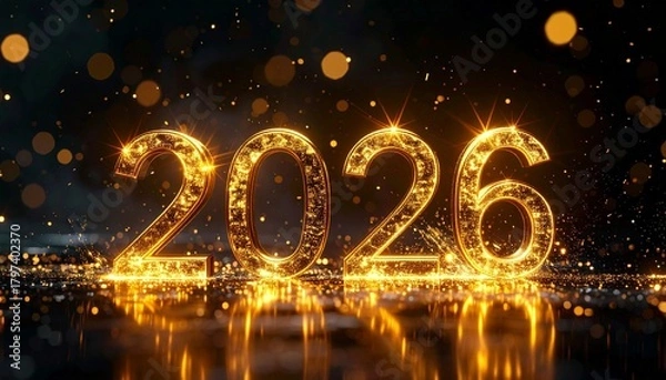Fototapeta Golden Horizon: Illuminated 2026 Numerals Sparkle Against a Dark Backdrop, Celebrating New Beginnings, Future Milestones, and the Radiance of Progress in a Cinematic Scene of Anticipation and Joy