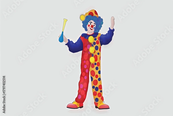 Fototapeta A colorful clown figure with blue hair and a polka-dotted suit, holding juggling pins and waving.