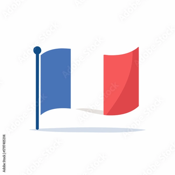 Obraz French Tricolor Flag on a Pole with a Shadow on White Background France French flag