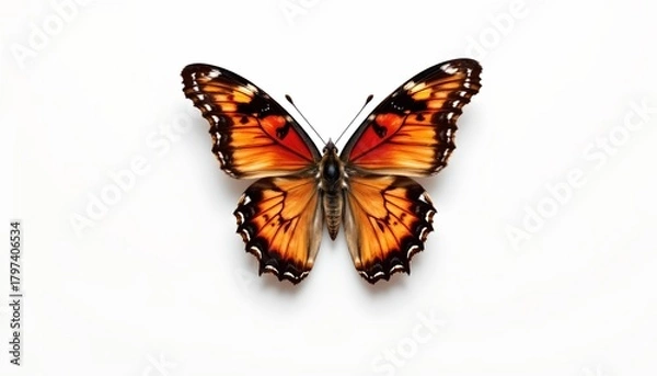 Obraz A single butterfly resting against a plain white background. The butterfly has vibrant orange wings with darker markings, a pattern that may indicate its species or subspecies