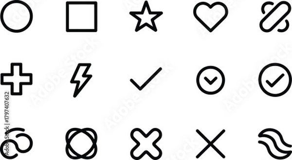 Fototapeta Collection of black outlined basic shapes and signs on white background