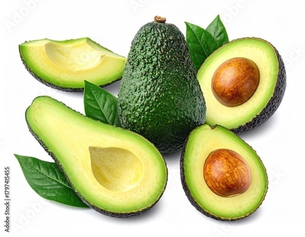Fototapeta Fresh Avocados Halved and Sliced with Leaves on White Background